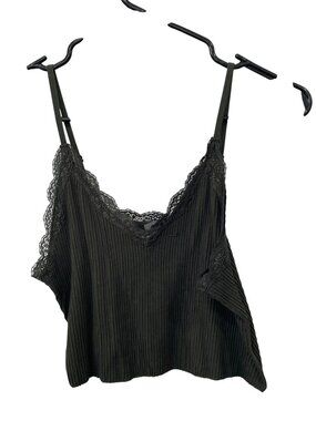 ALYA Camisole Large Lace Trim V Neck Ribbed Sleeveless Cropped Top Dark Green